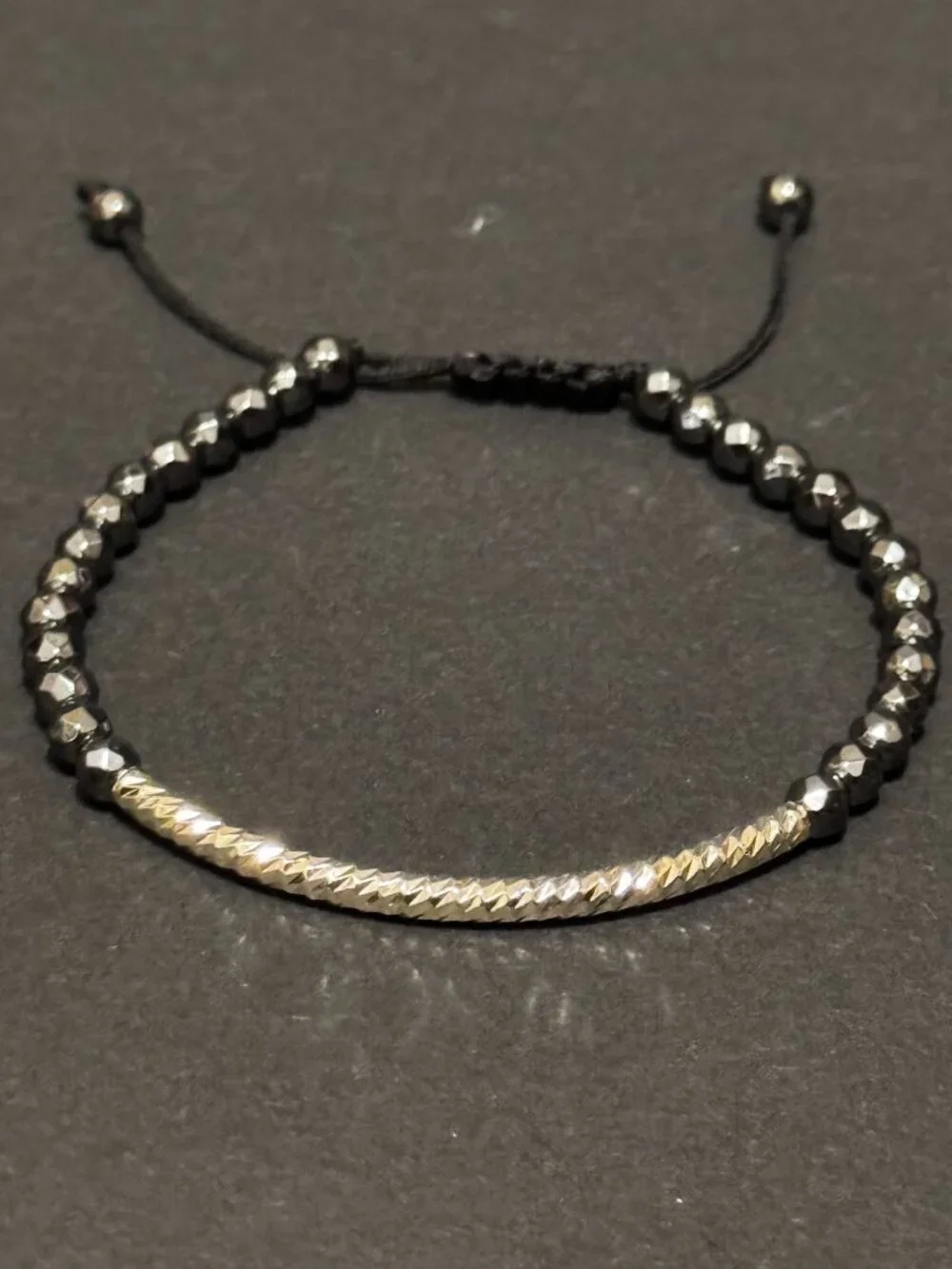 Slide Style Adjustable Bracelet, Faceted Hematite, Fine Silver Plated